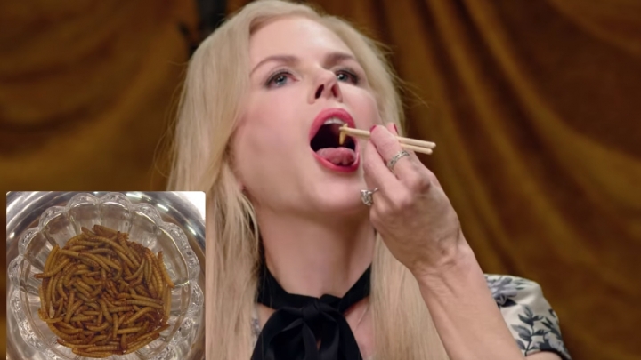 Nikola Kidmena ar kāru muti ēd kukaiņus, tārpus un vaboles (VIDEO)